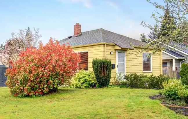 A yellow painted home with landscaping under a blue sky